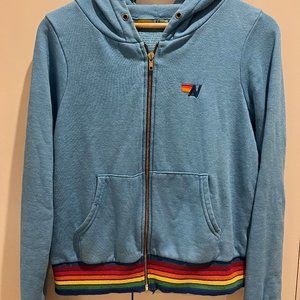 Aviator Nation Blue Hoodie (rainbow stripes) - XS